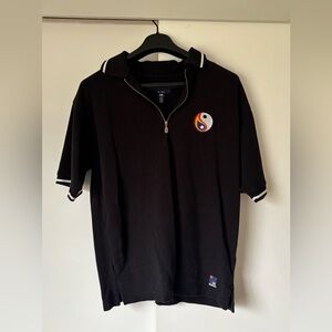 Unique Ying Yang Embroidered Port Authority Zipper Collared Short Sleeve